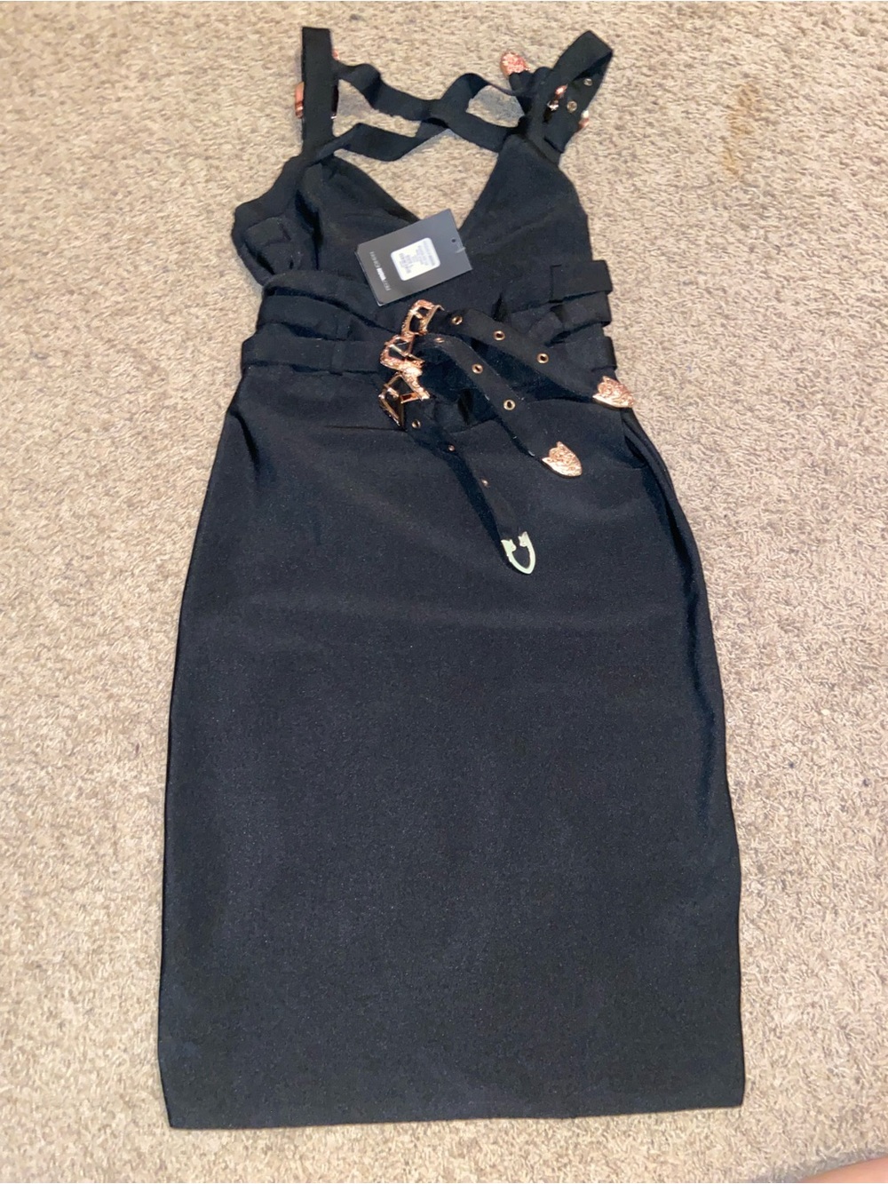 Black Strappy Bodycon Dress with Rose Gold Hardware